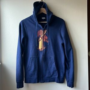 Unisex Blue Zip Up Hoodie with a Dog Playing Violin Size Small